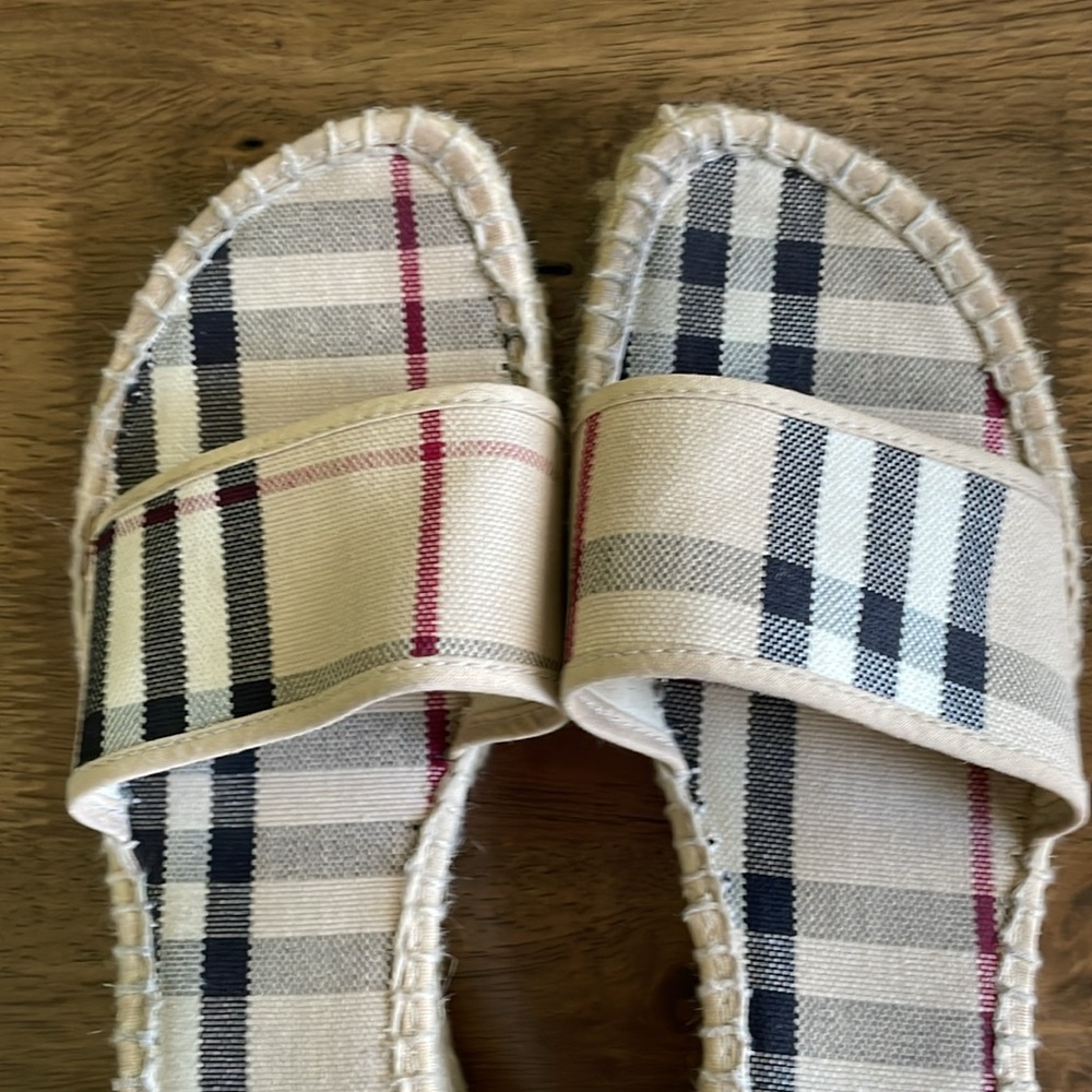 Burberry Beige Plaid Espadrille Wedge Sandals with Black and Red Accent - Picture 9 of 15